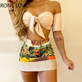 Women Off Shoulder Tie Front Top & Tropical Print Skirt Set Casual 2 Pieces