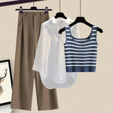Women Pants Sets Summer Casual Striped Knitted Vest+long Sleeve Sunscreen+wide Leg Long Pant 3 Pieces Set Women Outfits