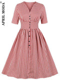 Plaid Vintage Party Dress V-Neck Short Sleeve Summer 50s Rockabilly Dresses Button Front Pinup Shirt Robe De