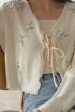Cardigan V Neck Lace-up Korean Fashion Two Piece Sets Camis Solid Women Y2k Short Length Floral Mori Girl Style Crop