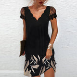 Sexy Elegant Fashion Party Dresses Women V-neck Floral Print Short Sleeve Lace Mini Dress Oversized Vestido Feminino