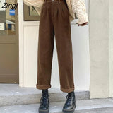 Brown Corduroy Pants Women Loose Casual Lady Straight Pants Korean Street Wear High Waist Black Hot Pants