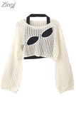 Women Knit O-Neck Pullovers Vintage Loose Long Sleeve Hollow Out Tops Summer Ladies Casual Y2K Clothes Shirts Sweater
