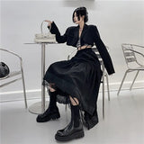 Gothic Tulle Pleated Skirt Black Lace Stitching Irregular Midi Skirt Women Vintage High Waist Long Skirt Korea Solid Hip