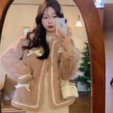 Sweet Faux Lamb Wool Coat Women Thick Bow Patchwork Jacket Winter Vintage Korean Elegant Faux Fur Casual Outerwear