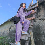 BF Oversized Sets Women Solid Zipper Sweater Elastic High Waist Wide Leg Soft Pants Simple Casual Korean Daily Student