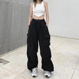 Hip Hop Women Cargo Pants Streetwear All Match Y2K Wide Leg Pants Korean Elastic Waist Sweatpants Female Chic
