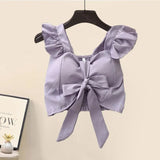 Women Summer Purple 3 Pieces Set 2023 Fashion Short Vest+long Sleeve Backless Chiffon Sunscreen Blouse+wide Leg Long Pants