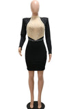 Sexy Crystal Beading Mesh Patchwork Mini Dress Womens Long Sleeve Backless Bodycon Dresses Party Clubwear