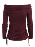 T Shirt Women Foldover Off Shoulder Cinched T-Shirt Solid Basic Long Sleeve Autumn Feminina Ladies Fashion