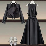 Ladies Elegant Black Two Piece Sets For Women Outfits Korean Notched V Neck Coats And Long Dresses Sets 4XL Women