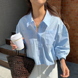 Women Lantern Nine Quarter Sleeve Pocket Crop Casual Office Elegant Single Breasted Loose Comfort Clean Students