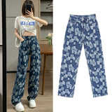 check High Waist Women loose Jeans Korean Fashion Streetwear Wide Leg Jean Female Denim Trouser Straight Denim