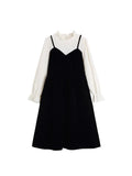 Vintage Patchwork Women Dress Female O-Neck Long Sleeve Fake Two Pieces Dress Elegant High Waist A-line Mid Long