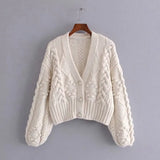 Fashion Winter Cardigan Women V Neck Bejewelled Button Twist Geometry Knitted Long Sleeve Outwear Jacquard Hairball