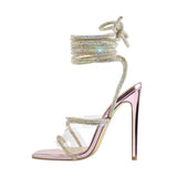 Onlymaker Women's Summer Crystal Lace-Up Stiletto High Heel Sandals Multicolor Square Toe Cross Strap PVC Bling