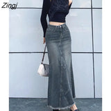 Fall Blue Jean Maxi Skirts For Women Streetwear 2022 High Waist Denim Lon Skirts Ladies Casual Fashion Cargo