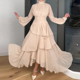 Zingj 2023 New French Hepburn Wind Solid Color High Collar Waist Cake Dress Woman-Outfit