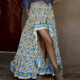 Queens Women Ethnic Floral Print Bohemian Skirt High Elastic Waist Irregular Maxi Beach Boho Skirts