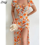 Elegant Sweet Floral Print Dress for Women Summer Dresses 2022 New Strapless Short Puff Sleeve Slim Hem Slit Maxi