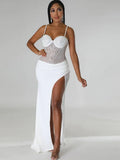 Sexy Blue Rhinestone Crystal Patchwork High Split Maxi Dress New Women Sleeveless Strap Night Clubwear Long