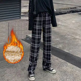 Fashion Winter Warm Plush Plaid Pants Women Casual Loose Wide Leg Trousers Korean Streetwear Straight Student Pants