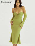 Green Mesh Strapless Lace Up Midi Dress For Women Robe Summer New Long Sleeve Zipper Backless Long Dress