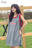 Retro T-shirts Letter Women Mid Length Camisetas Harajuku Hip Hop Loose Ball Suit Summer O-Neck Sleeveless Vest
