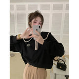 Streetwear Cropped Sweatshirt Women Sweet Preppy Patchwork Pullovers Harajuku Korean Peter Pan Collar Casual Hoodies