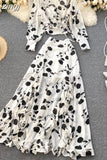 Chiffon Two Piece Set Women Autumn Bohemian Vacation Beach Short Tops And Ruffle Irregular Long Skirt Female Print Suit