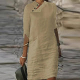 Solid Pullover Dresses Spring Cotton Linen Loose Medium Length Dress Retro Button Stand Collar Half Sleeve Commuter