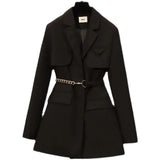 Women Clothing Autumn Winter Office Ladies Elegant Solid Jacket Women Long Sleeve High Waist Metal Belt Blazer