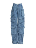 Color Multi-pocket Loose Jeans Women High Street Retro Hip-hop Wide-leg Pants Casual Straight High-waisted Jeans Women
