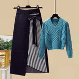 Women Autumn Winter Warm Knitted Two Pieces Sets Korean Long Sleeve Pullover Sweater Top And High Waist Skirts