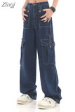 Vintage Baggy Jeans Women's Pockets Wide Leg Cargo Pants Y2k Streetwear Harajuku Casual High Waist Denim Straight