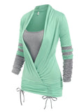 Sleeve Cinched Contrast Faux Twinset T-shirt Women Tee T Shirt Full Sleeve Ruched 2 In 1 Tee Twofer