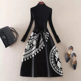 Ladies Elegant Luxury Dresses 2023 Fall Winter Warm Knitted Patchwork Embroidery Dresses Women High Waist A-line