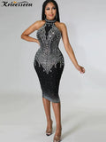 Sexy Black Halter Rhinestone Crystal Bodycon Dress Fashion Womens Sleeveless Clubwear Midi Dresses Slim