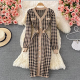 Chic Autumn Knit Dress Women Elegant V-neck Long Sleeve Plaid Pattern Buttons Decoration Skinny Midi Work Party
