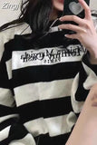 White Striped Letter Embroidery Sweaters Mid Length Knitted Loose Tops Off Shoulder Women Y2k O-Neck Pullovers