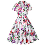 Cotton Vintage Tunic Midi Dress 50S Short Sleeve 4XL 70s Robe Swing Retro Floral Print White Rockabilly Office