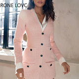 Women Elegant V Neck Pocket and Button Long Sleeves Formal Fragrant Breeze Mock Two-Piece