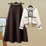 Women Autumn Winter Vintage fragrant Knitted Two Pieces Sets Korean Long Sleeve Knit Cardigan And High Waist Plaid Skirts