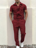 Summer Long Sleeve Stand Collar Zipper Romper For Men Casual Simple Long Pants Homesuit Fashion Mens Solid Lace-up