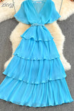 Beach Long Dress Women Elegant V-Neck Short Sleeve Cascading Ruffles Big Swing Vestidos Female Red/Green/Pink Maxi