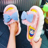 New Fashion Linen Platform Slippers Women Cute Squirrel Home Soft Bottom Slippers Couple Comfortable Slippers Free
