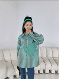 Heart Green Striped Long Sleeve Shirt For Women Spring 2022 Oversized Button Up Shirt Designer Top Korean