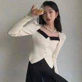 Vintage Knitted Sweater Women Square Collar Cropped Pullovers Korean Elegant Slim Knitwear Simple Patchwork Jumpers