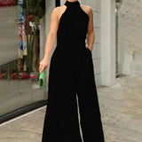 Pattern Printed Wide Leg Pants Office Overall Fashion High Waist Romper Chic New Women Long Sleeve High Collar