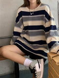 Style Striped O-Neck Long Sleeve Oversize T-Shirt Harajuku Lloose Top Spring/Autumn Women's Clothing Casual